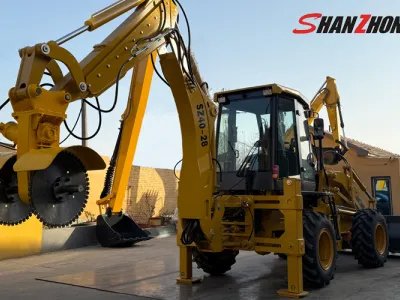 Dual-blade capabilities! A backhoe loader equipped with two saw blades opens up new solutions for complex construction tasks.